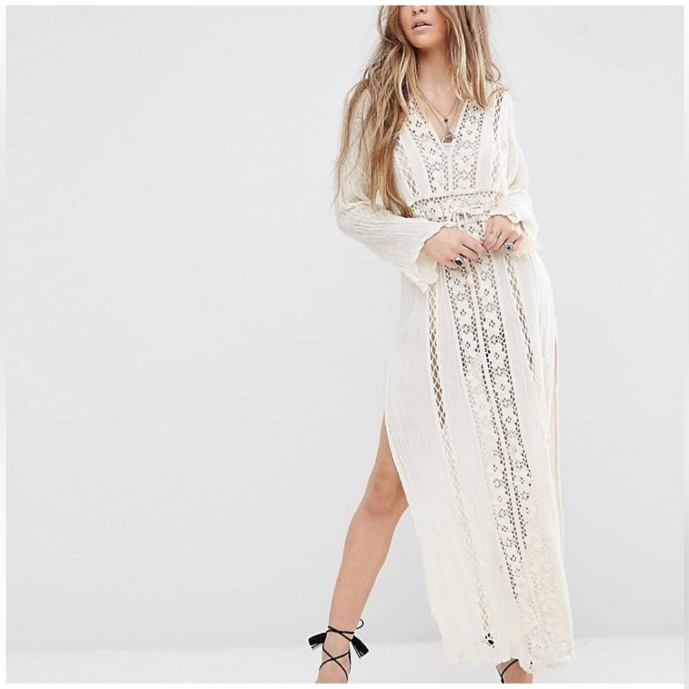 Jen’s Pirate‎ Booty Women’s Gauzy Crinkle Crochet Knit Cream Maxi Duster Sheer - Picture 2 of 14